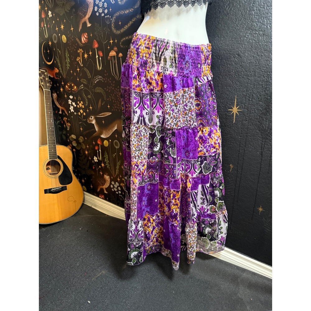 Bella Moda Purple Patchwork Floral Tiered Maxi Skirt Smocked Waist Large Boho